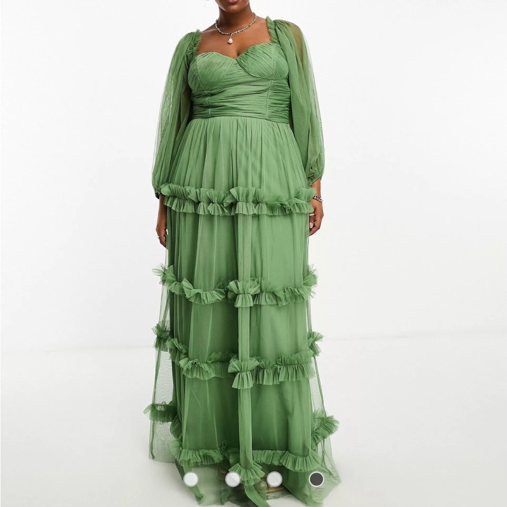 Lace & Beads Plus sheer sleeve ruffle maxi dress in olive
